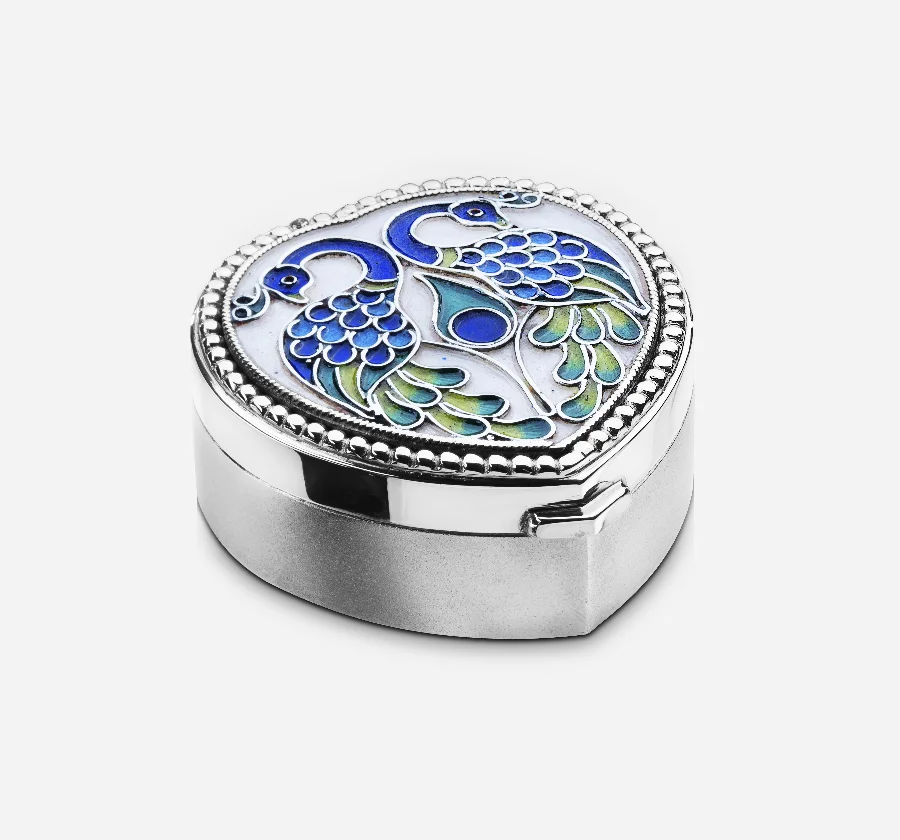 Beaded heart shaped box with peacock enamel
