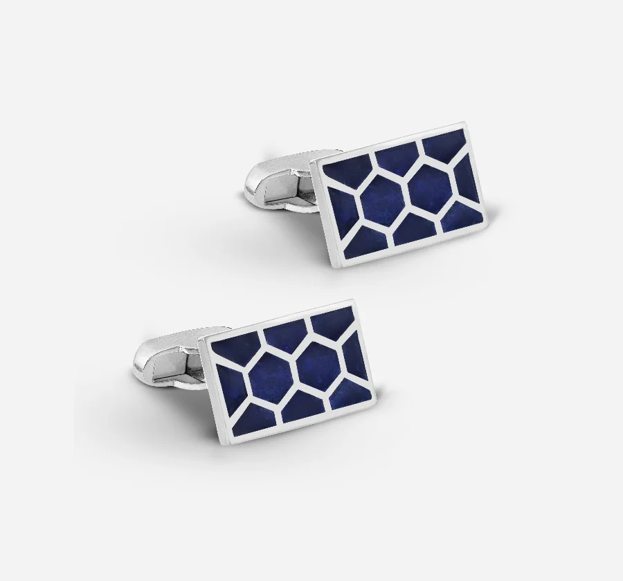 Silver Rectangle Honeycomb cufflink with blue enamel