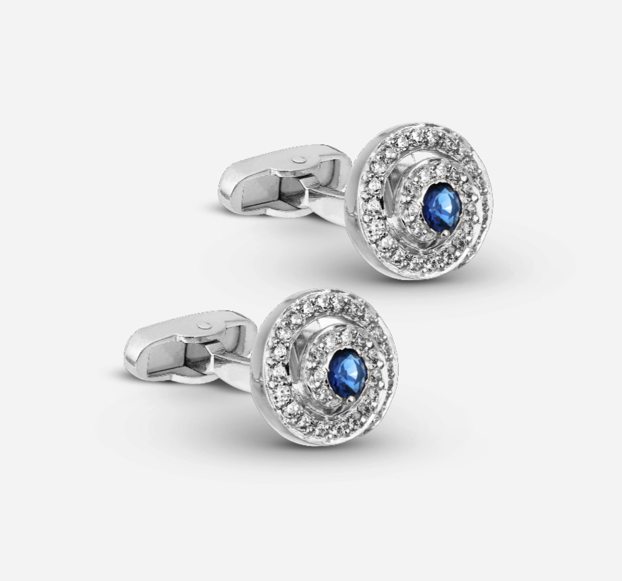 Silver Spiral Cufflink with Diamond and blue stone