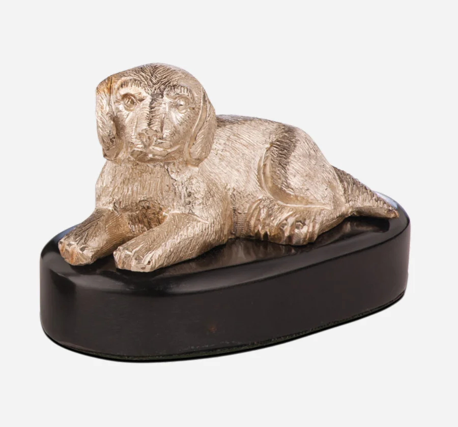 Silver dog paper weight with wooden base