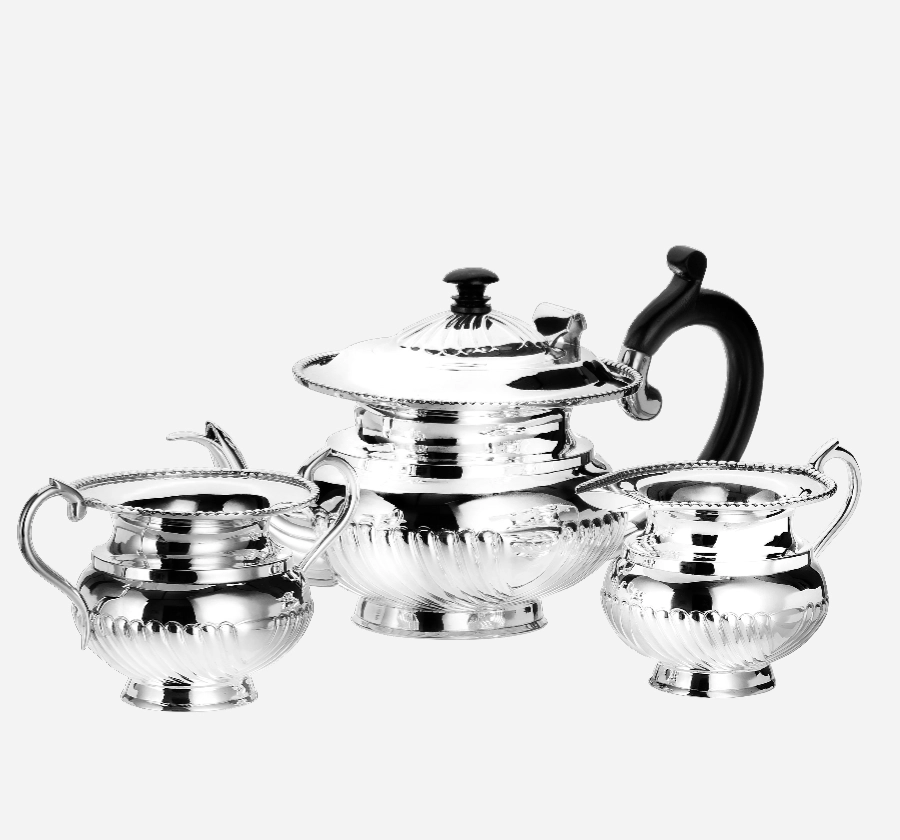 Silver Q.A. Oval Design Tea Set with Wodden Handle. Milk & Sugar pot with silver handle